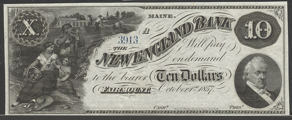 Fairmount, ME, The New England Bank, 1857 $10 (Spurious Note) Remainder, vChAU, CC